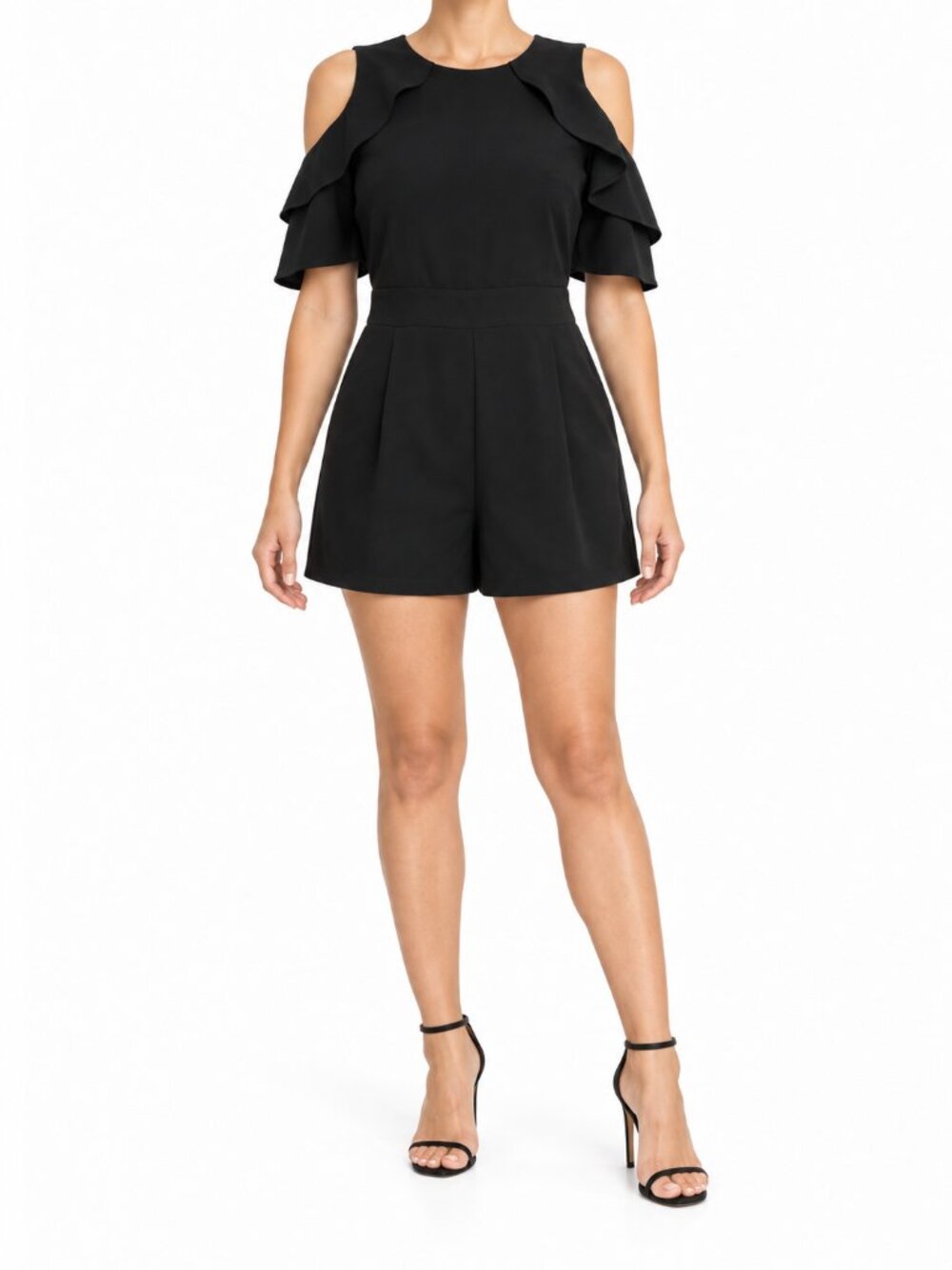 Miami Women's Black Cold Shoulder Ruffle Romper, L